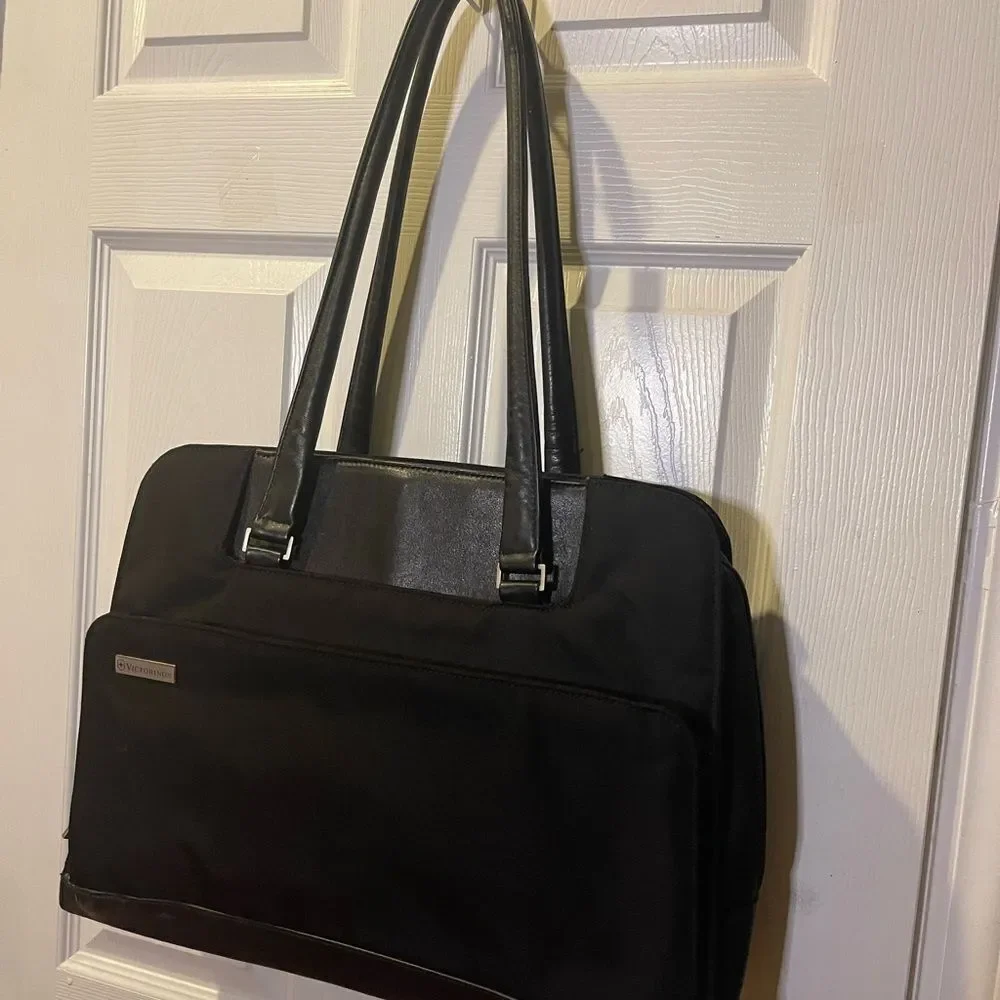 Victorinox Swiss Black Canvas &leather laptop Bag Briefcase silver tone hardware